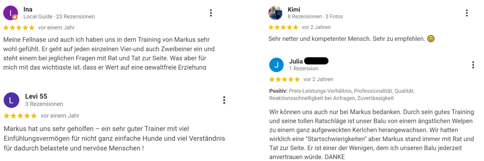 Google-Bewertungen von Kunden der Hundeschule TOP-DOGS